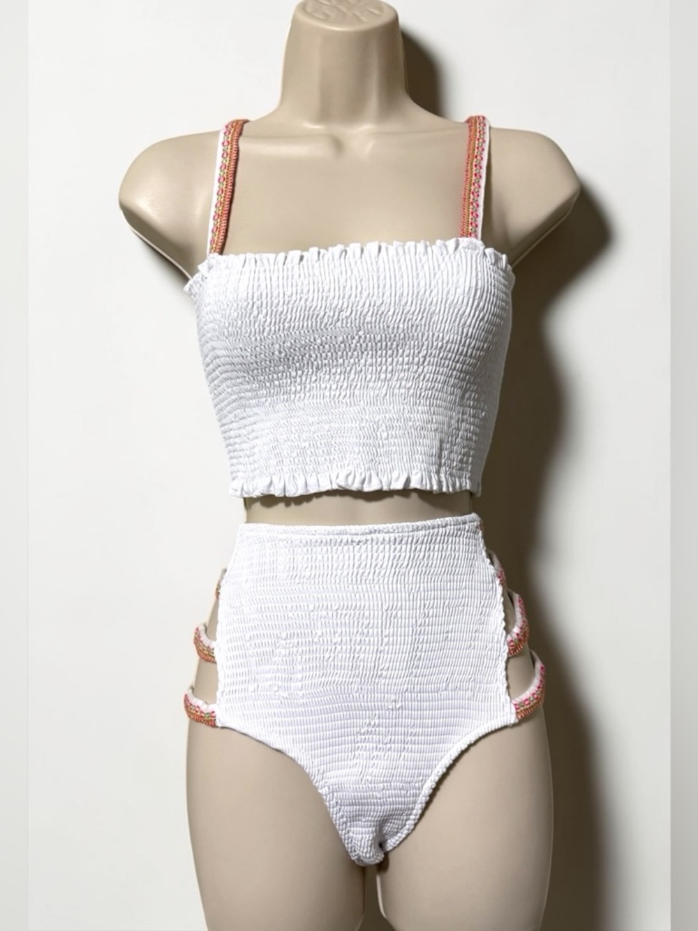 Pitusa Luxe Smocked Bikini Set with Coral Trim-Made in Peru - New